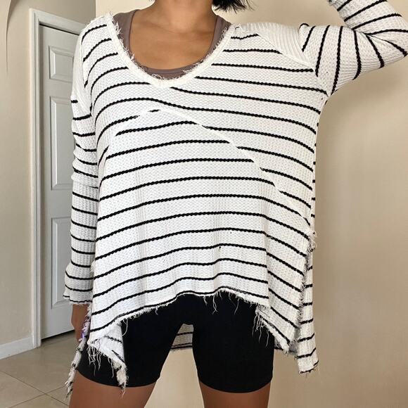 Free People Raw Hem Waffle Knit Striped Long Sleeve High Low Top Size XS - Picture 10 of 11